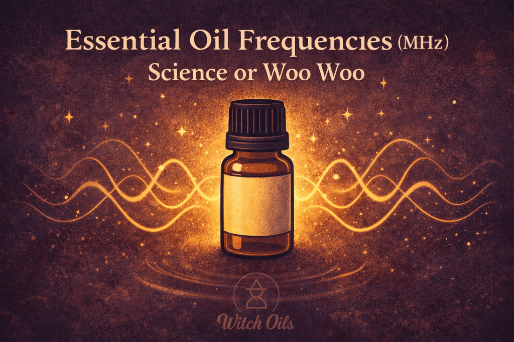 Stylised essential oil bottle with glowing vibration waves and text "Essential oil Frequencies (MHz) Science or Woo Woo"