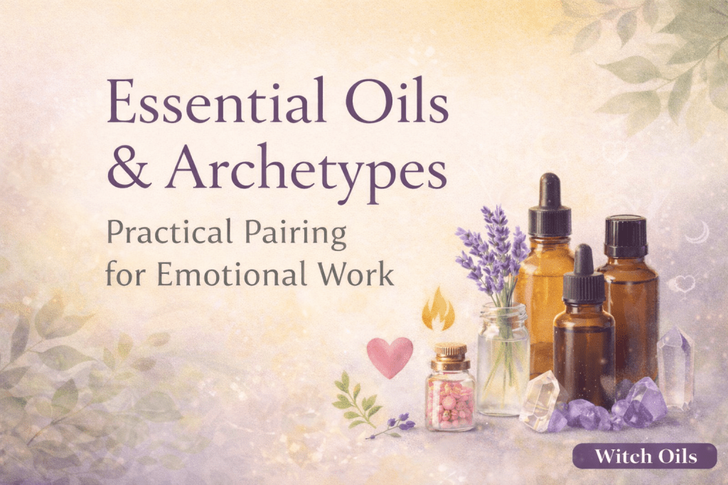 Stylised image of essential oil bottles with soft botanical elements and light tones representing emotional and archetypal uses of essential oils